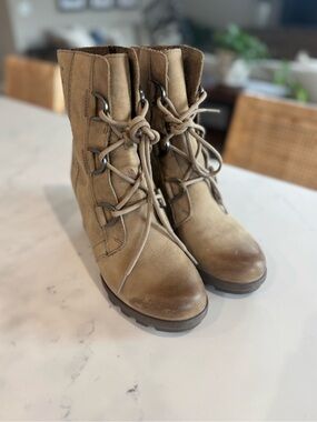 Sorel Tan Lace-Up Wedge Boots